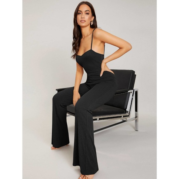 ❗️ Minimalist Open Back Cami Jumpsuit flared pants burgundy - Picture 8 of 11